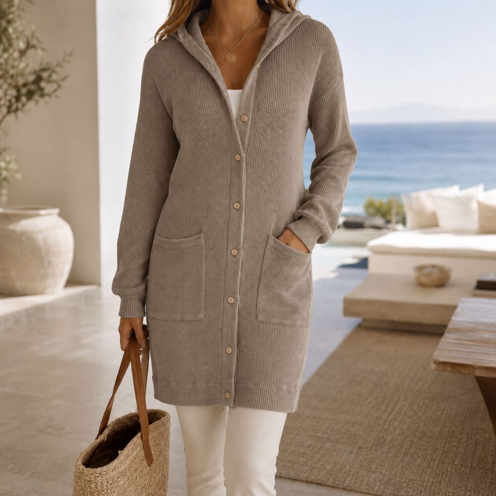 The Good Alma Organic Cotton Waffle Knit Hooded Duster Cardigan Jacket S Taupe